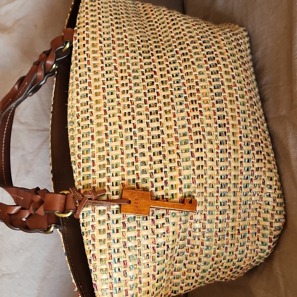 Fossil Handbags - Fossil multicolored weaved look bag with wooden Fossil purse charm